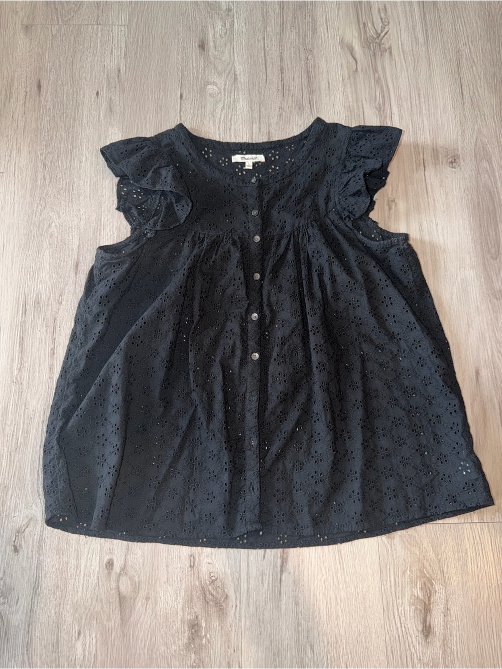 Madewell Black Eyelet Button-Front Flutter Sleeve Top